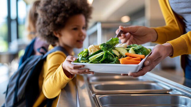 Little girl receiving a healthy hot meal from a cafeteria server while standing in the school lunch line with a backpack, childhood wellness, education nutrition, with copy space