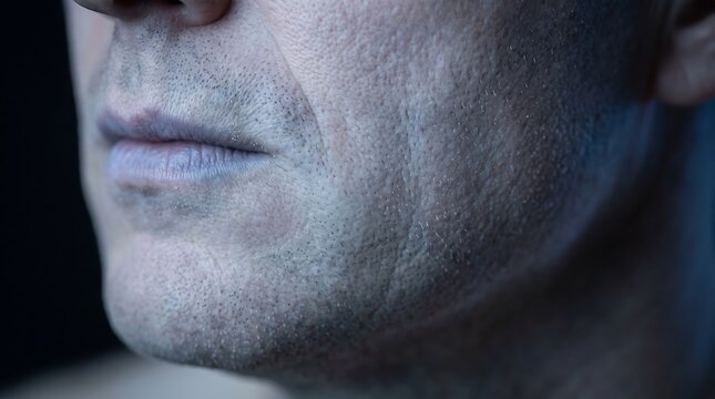 Close up of mature man face with stubble and skin texture details