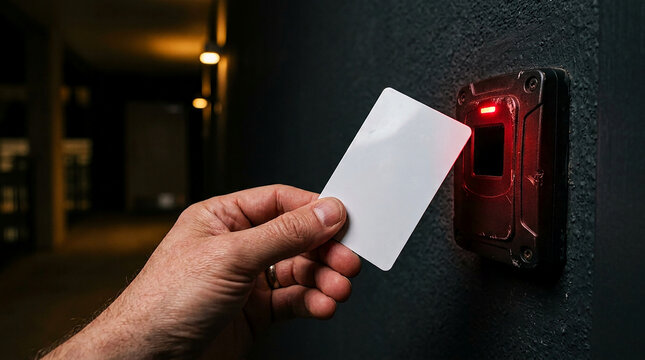 Close up of person holding blank white smart access card near glowing red rfid reader for secure entry into restricted area modern digital access control technology