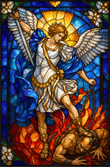 Obraz premium Saint Michael Archangel Defeating Satan Stained Glass Christian Catholic Sacred Religious Art