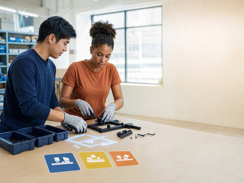 Workplace assembly training with employees using color-coded tiles and a projected guide

