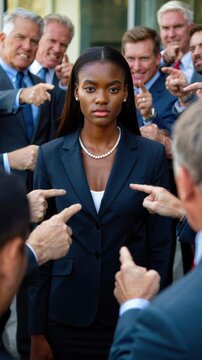 Confident businesswoman facing hostile coworkers pointing fingers, workplace harassment, gender discrimination, social exclusion, corporate pressure, employee resilience