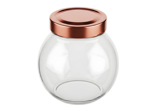 Clear glass jar with copper lid for storage isolated on white background