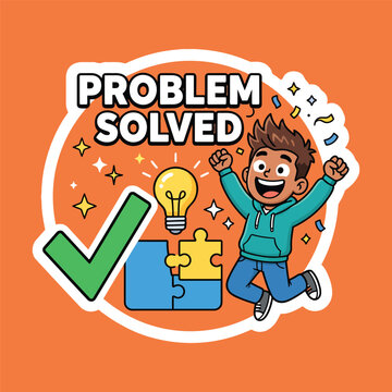 Excited boy jumping with puzzle pieces and a lightbulb with problem solved text overlay
