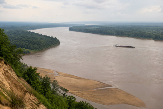 View from high bluff of wide brown river bending through low green forest, sandbar, tugboat and barge downstream, Mississippi River landscape