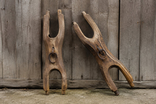 Two old wooden ox yokes with rusted iron rings against plank wall, agricultural heritage concept