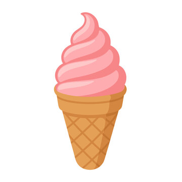 strawberry soft serve ice cream in cone vector illustration