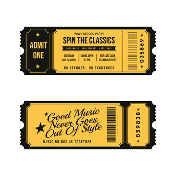Vintage music party admission ticket template in black and yellow
