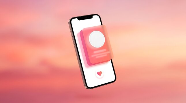 Smartphone showing dating app interface with profile card and heart icon on soft pink sky.