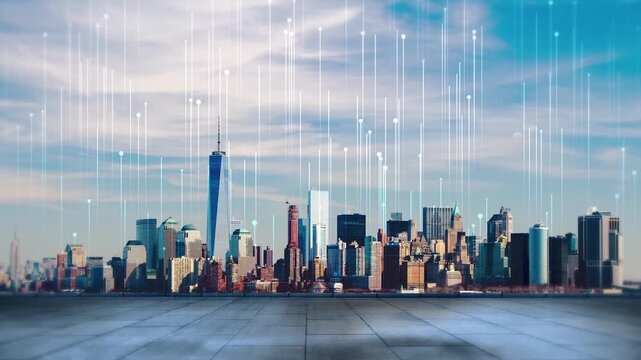 Smart city skyline with digital network connectivity motion graphics background loop
