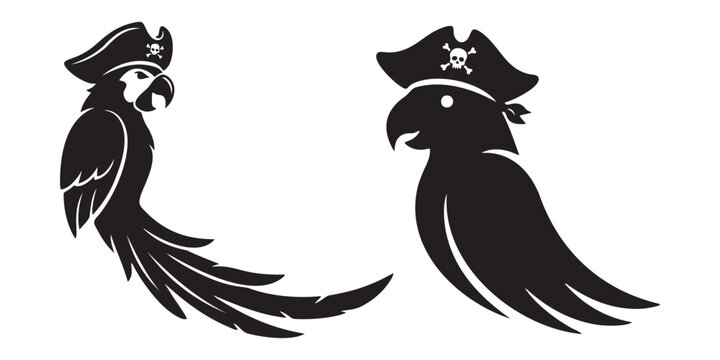Two black silhouettes of parrots wearing pirate hats with skull and crossbones emblems Vector