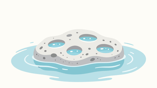 Cartoon style illustration of a white porous sponge with four blue water-filled holes floating in light blue