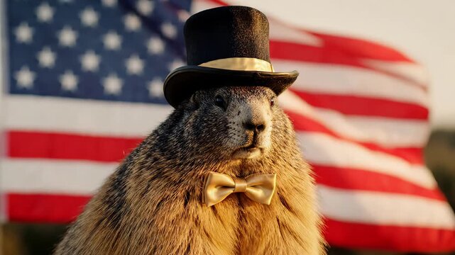 Groundhog wearing a black top hat and gold bow tie with American flag background
