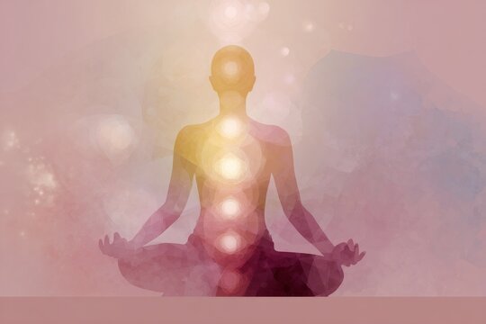 Meditative silhouette with four wheels of light and chakra energy for yoga and mindfulness background and spiritual design