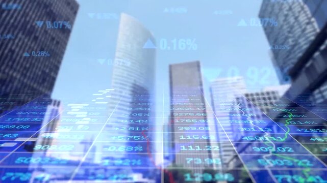 Stock market financial chart data overlay modern city skyscraper background 4k