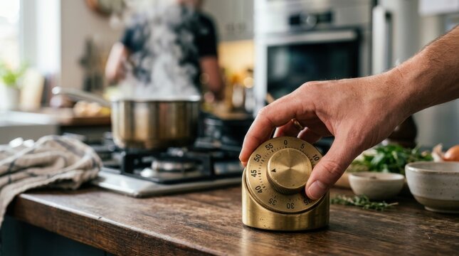 Close up male hand setting golden analog kitchen timer on wooden table with steam from cooking pot and kitchenware in blurry background.