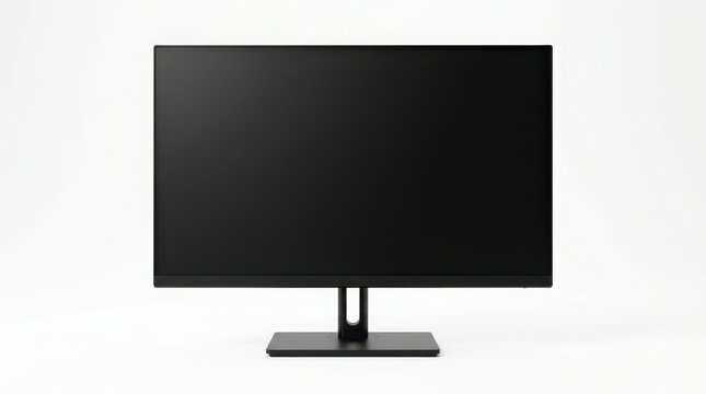 Modern black computer monitor with a blank screen on a desk stand, viewed from the front against a seamless white background, ideal for displaying digital user interface and web mockups