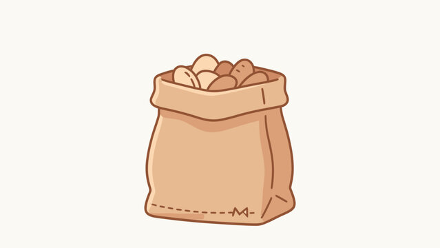 Cute cartoon style illustration of a brown paper sack filled with golden baked potatoes, isolated on white
