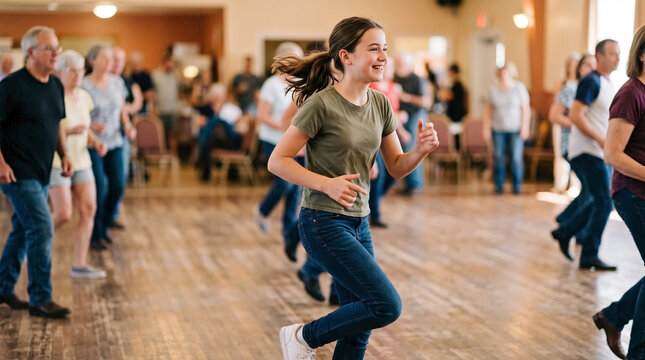 Cheerful adolescent doing line dance in crowded wooden hall. Smiling girl doing line dance during upbeat country music festival event. Active adolescent doing line dance concept for dance class.