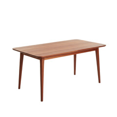 Fototapeta premium A polished reddish-brown cherry wood dining table with a minimalist design, sleek tapered legs, and rounded edges, isolated on a transparent studio background for a sophisticated modern furniture