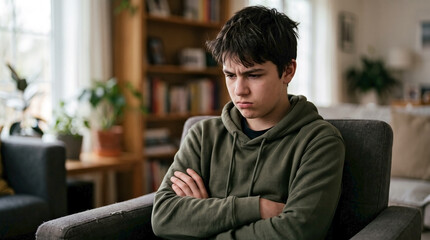 Obraz premium Upset stubborn teen boy sits in armchair with crossed arms refusing to talk indoors. Frustrated stubborn teen boy experiences conflict during difficult family debate. Moody stubborn teen boy concept.