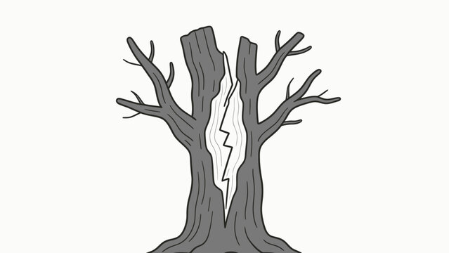 Cartoon illustration of a split tree trunk with jagged lightning scar and bare branches against white