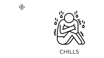 Fototapeta premium A minimalist line art illustration showing a person experiencing chills with shivering body sweat droplets and medical cross symbol nearby