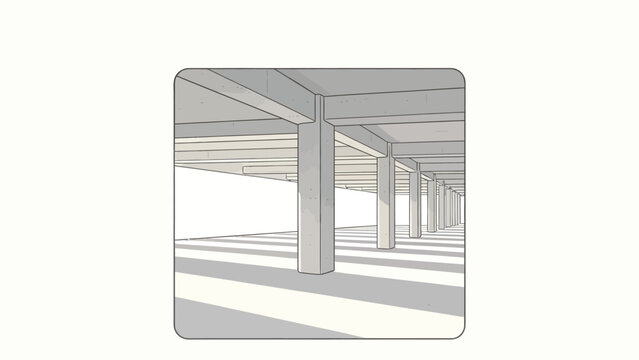 Minimalist architectural sketch of concrete pillars and beams in perspective with striped shadows