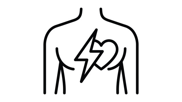 Heart health awareness icon showing human torso with heart symbol and lightning bolt indicating cardiac issues and medical attention needed