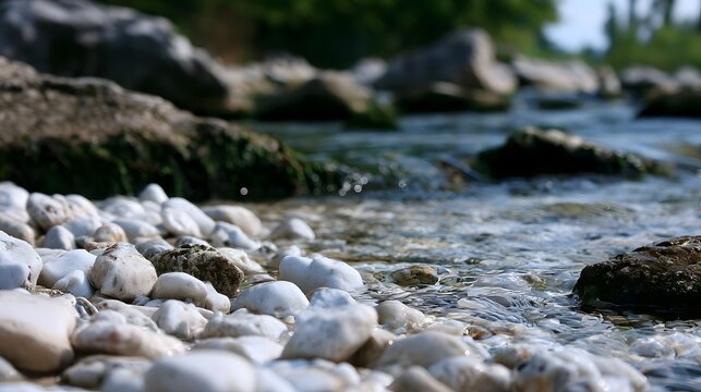 Clear water flows gently over smooth white pebbles in a sunlit natural stream setting with blurred greenery in the background