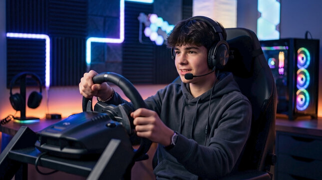 Adolescent gamer holds gaming steering wheel at simulator desk inside neon room. Young player grips gaming steering wheel wearing headset during virtual race. Modern gaming steering wheel layout.