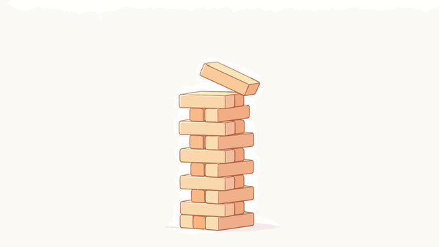 Stacked Wooden Blocks Tower with Top Block Teetering, Minimalist Art Illustration