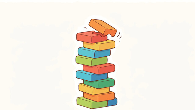 Colorful Wooden Stacking Blocks Tower Illustration with Tipping Top Block