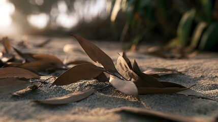 Fototapeta premium Dry eucalyptus leaves rest on sandy ground under warm soft sunlight with blurred greenery in the background