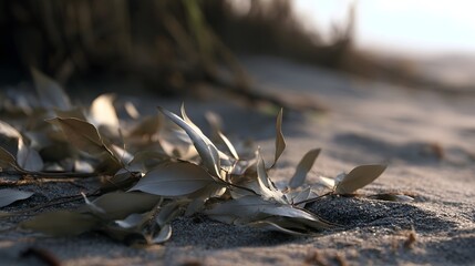 Fototapeta premium Dry eucalyptus leaves rest on sandy ground under warm soft light creating a tranquil and textured natural scene
