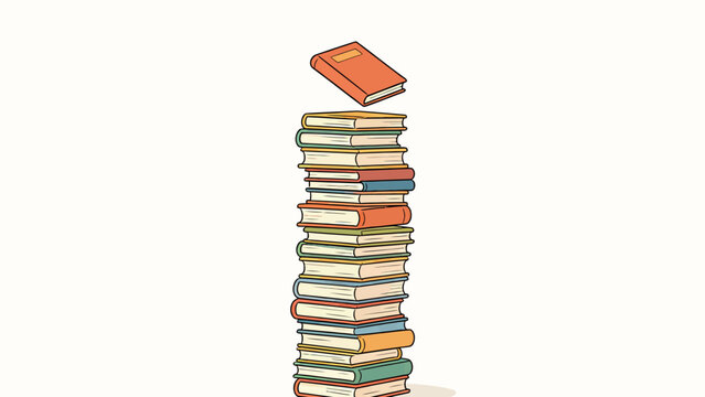 Vibrant illustration of a tall, precarious stack of colorful books with one orange volume floating above in
