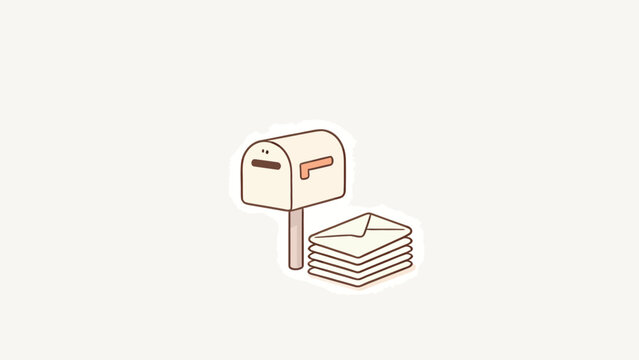 Cute cartoon mailbox with stacked envelopes, minimalist pastel design, simple line art style on white