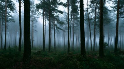 Fototapeta premium A misty pine forest with tall trees and soft blue light filtering through the foggy atmosphere