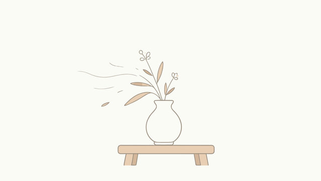 Minimalist illustration of a white vase with greenery on a wooden stand, featuring wind effects and soft