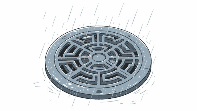 Rainy Day Illustration of a Circular Metal Drain Cover with Geometric Patterns and Falling Water Drops