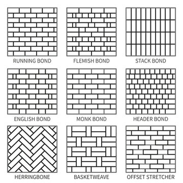 Architectural schematic of brick bond patterns and masonry wall diagrams showcasing construction building techniques and wall texture design.