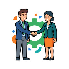 Fototapeta premium business partnership man and woman shaking hands symbolizing professional agreement and successful collaboration against a gear background.