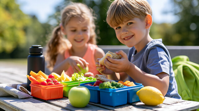 Preschool girl and boy eating their packed lunches from colorful lunch boxes, childhood nutrition, school routine, friendship and healthy eating, with copy space