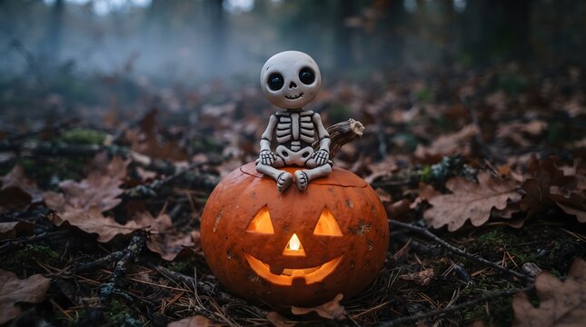 A cute and small skeleton toy figurine sits atop a glowing, carved Halloween jack-o'-lantern pumpkin. The scene is set on a dark, misty forest floor covered with dry autumn oak leaves, creating a s...