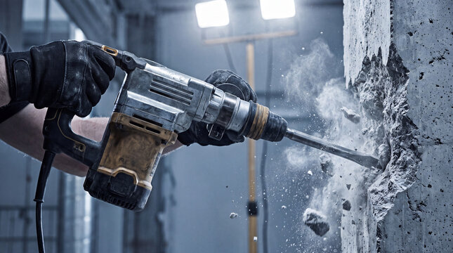 Worker using a heavy duty electric jackhammer to break a concrete wall