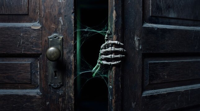A creepy horror scene featuring a skeletal hand reaching out from behind a cracked dark wooden door covered in cobwebs. An eerie green light glows from the dark room, creating a scary and spooky Ha...