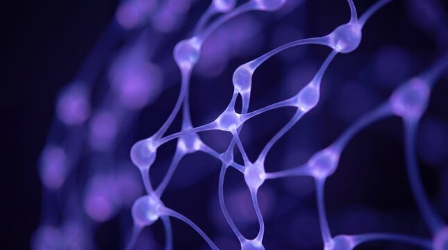 Abstract neural network, glowing purple connections, intricate web of data, digital technology and artificial intelligence concept, futuristic science background