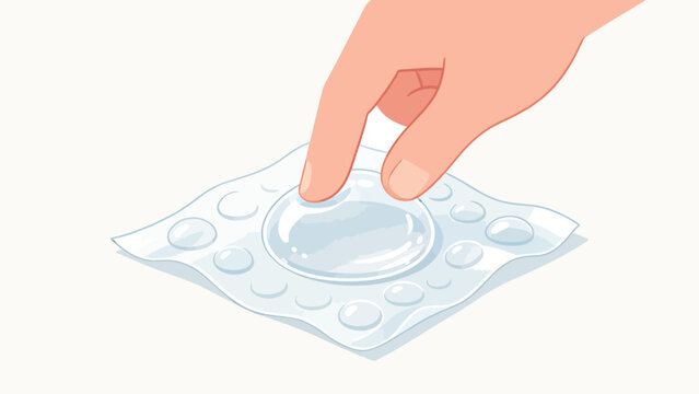 Hand pressing down on a clear silicone menstrual cup placed on white surface with bubbles