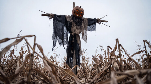 Spooky scarecrow with a glowing jack-o'-lantern pumpkin head in a dry cornfield