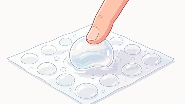 Finger pressing a large soap bubble on a sheet of smaller bubbles, cartoon style, soft pastel colors